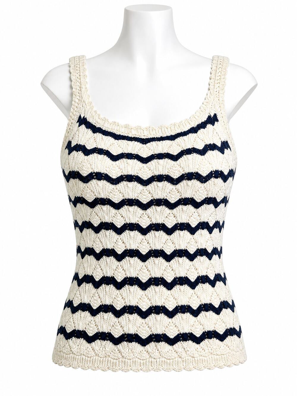 J.Crew Crochet Stripe Tank Navy Ivory Knit Top - Size L - Coastal Classic